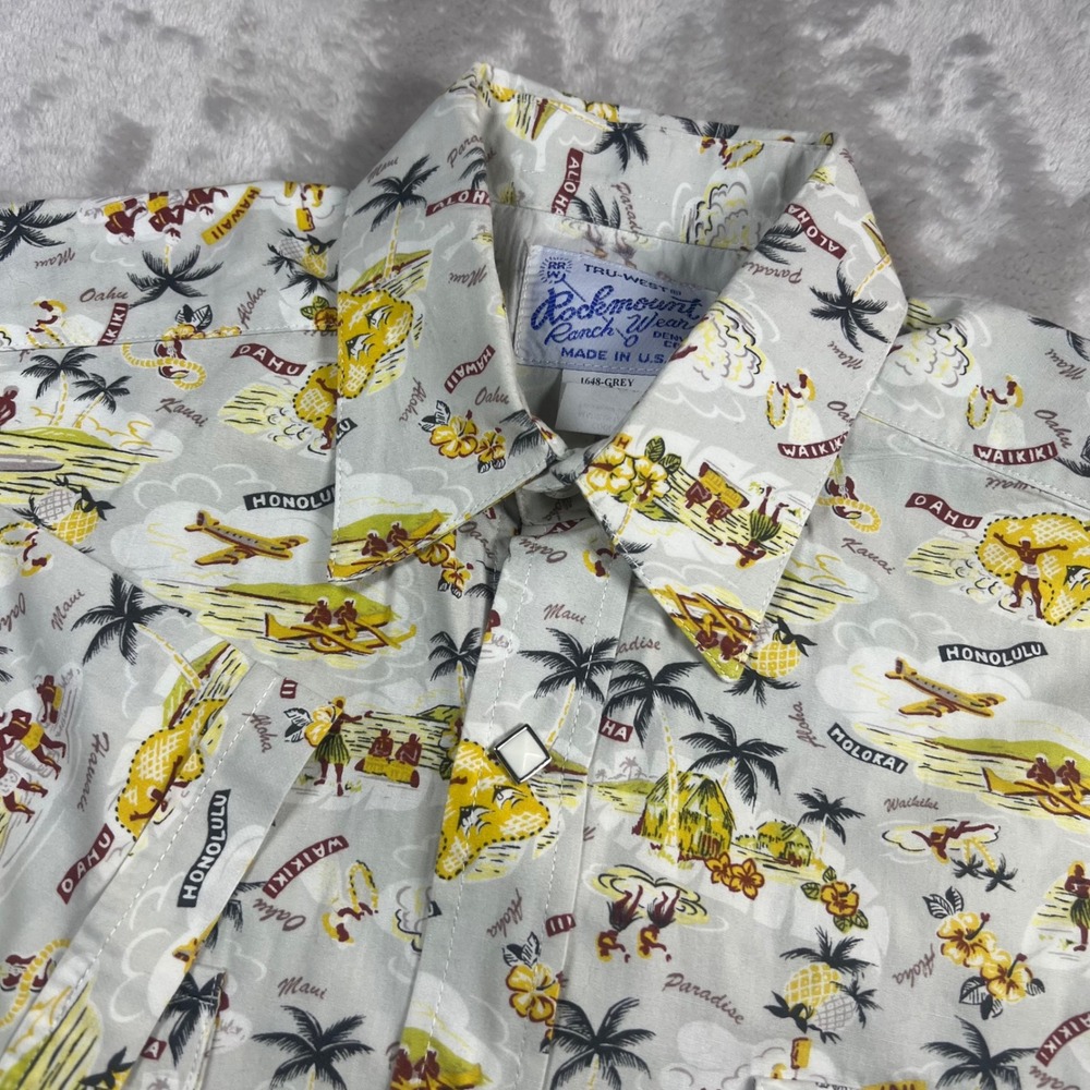 Rockmount Men XS Mens Shirt Grey Hawaiian Western Pearl Snap 1648-GREY